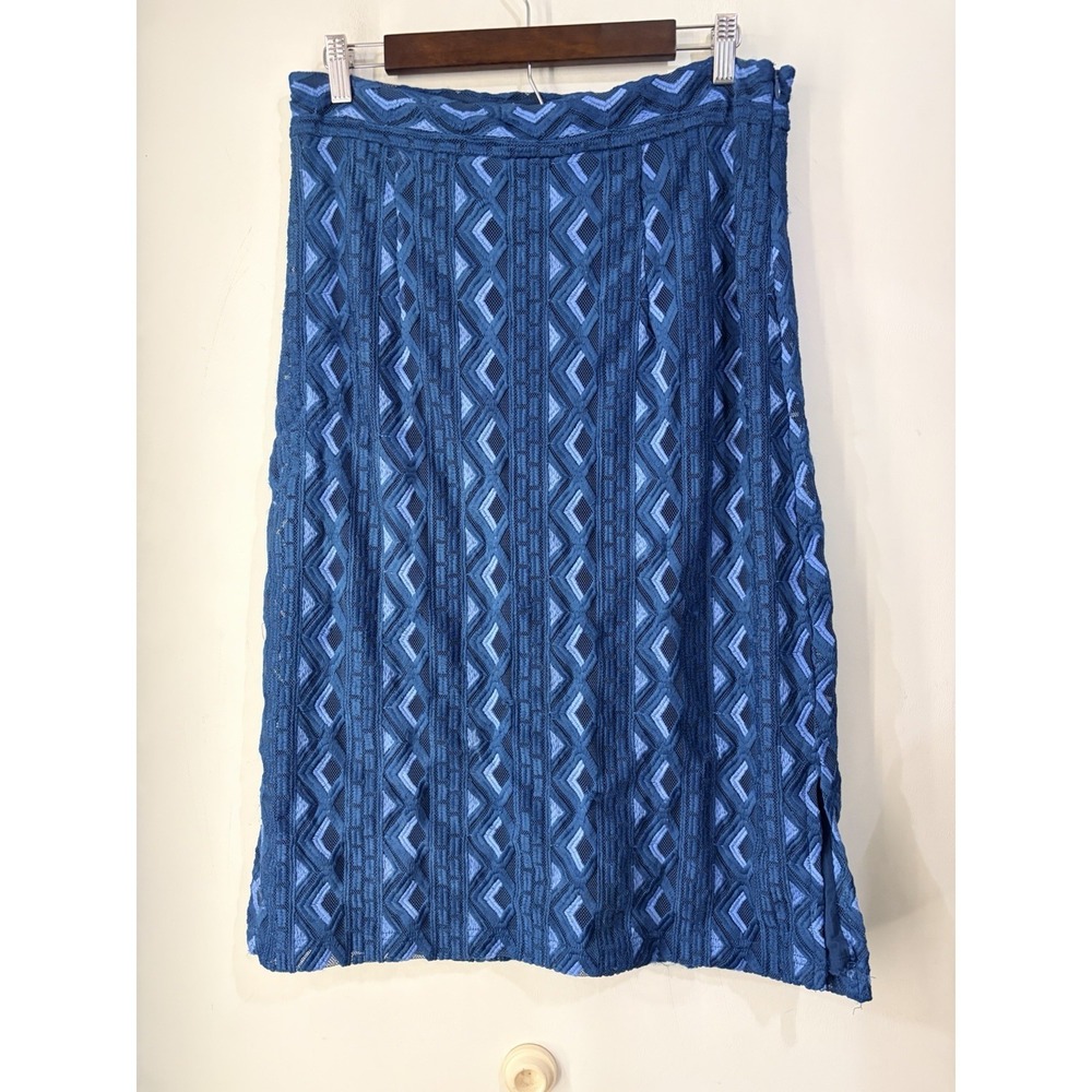 Anthropologie Blue Embroidered Lace Pencil Midi Skirt‎ US 14 Textured EUC